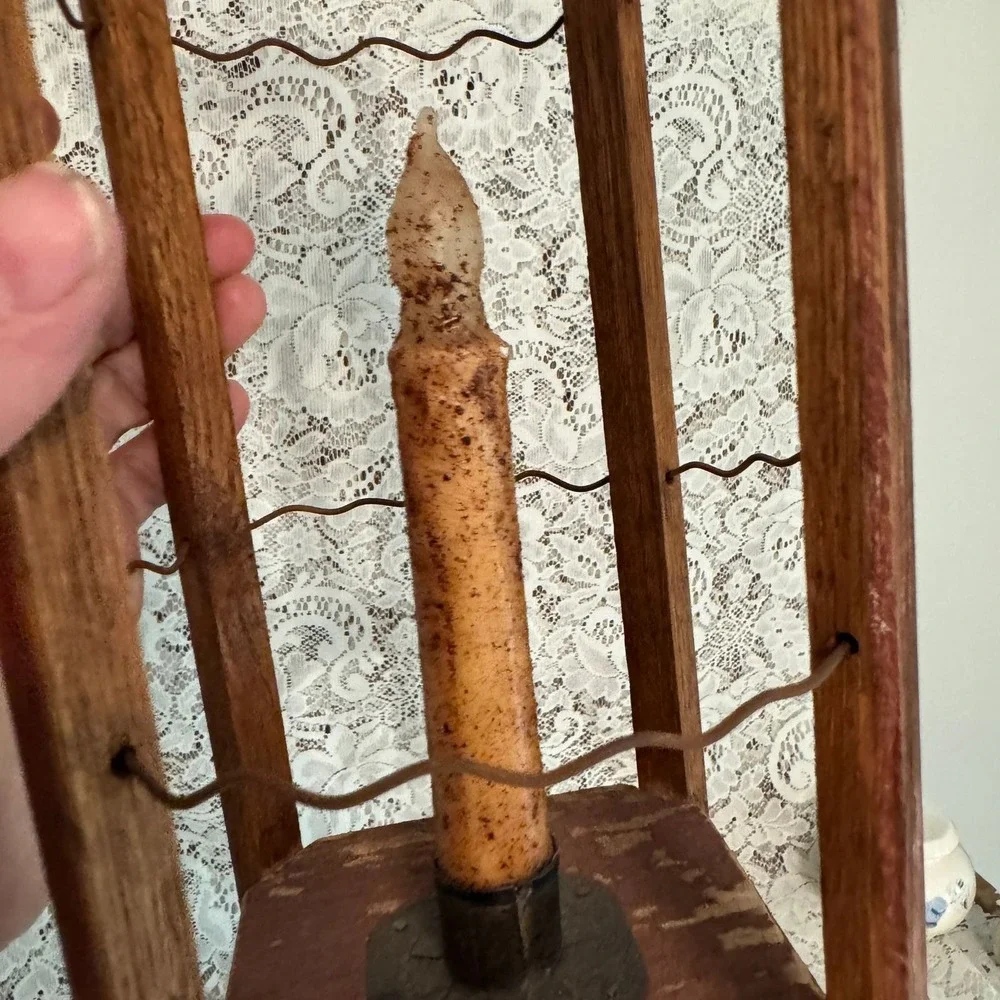Primitive Wood and Wire Lantern with Faux Taper Candle Rustic Folk Art Farmhouse